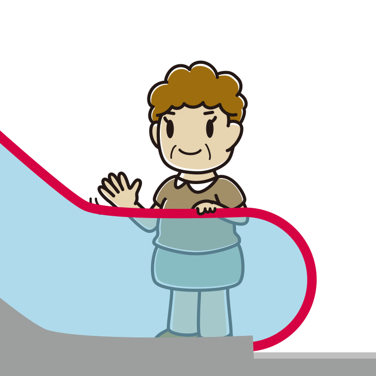 エスカレーターで手を振るおばさんのイラスト【色あり、背景なし】透過PNG