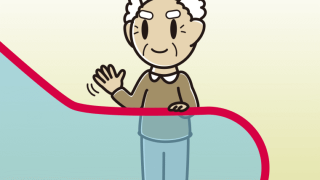 エスカレーターで手を振るおじいさんのイラスト【色、背景あり】PNG