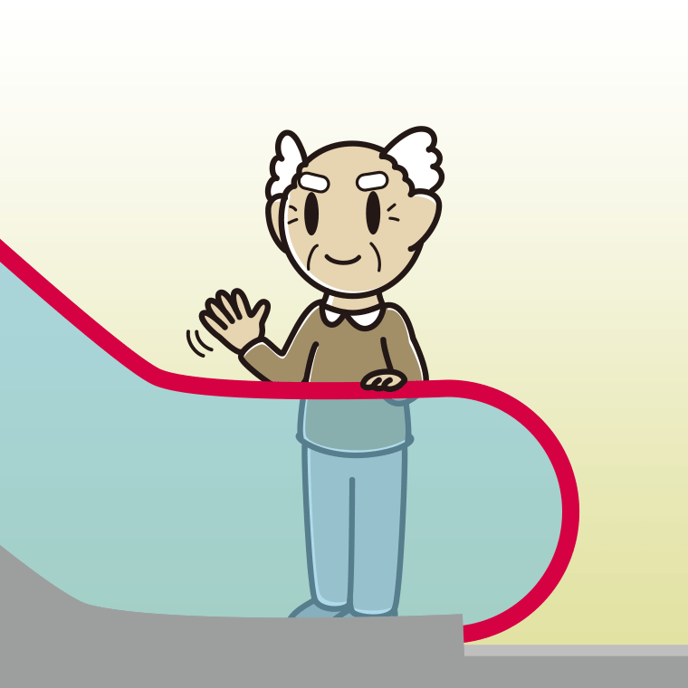 エスカレーターで手を振るおじいさんのイラスト【色、背景あり】PNG