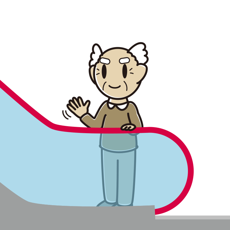 エスカレーターで手を振るおじいさんのイラスト【色あり、背景なし】透過PNG
