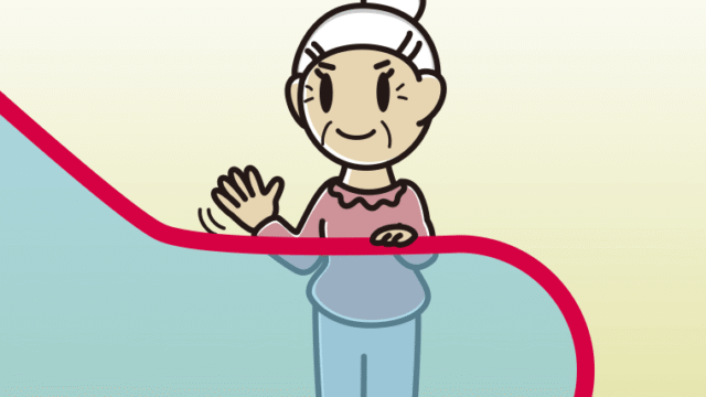 エスカレーターで手を振るおばあさんのイラスト【色、背景あり】PNG