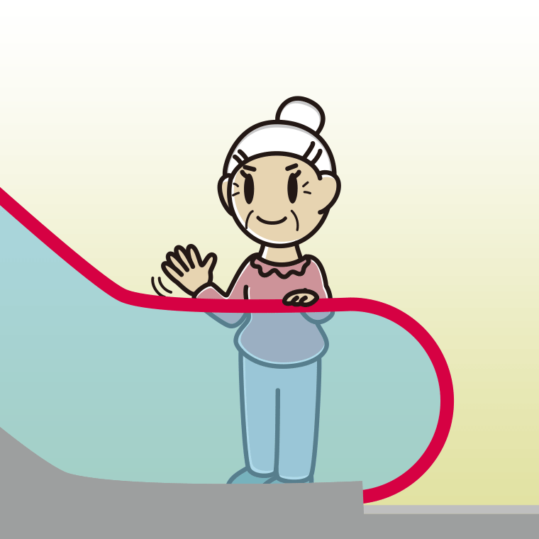 エスカレーターで手を振るおばあさんのイラスト【色、背景あり】PNG