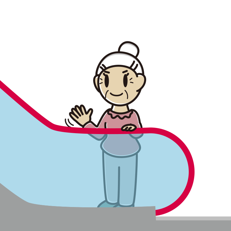 エスカレーターで手を振るおばあさんのイラスト【色あり、背景なし】透過PNG