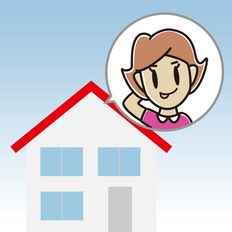 一戸建てでテヘヘな女性のイラスト【色、背景あり】PNG