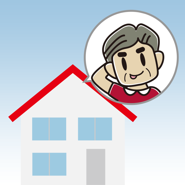 一戸建てでテヘヘなおじさんのイラスト【色、背景あり】PNG