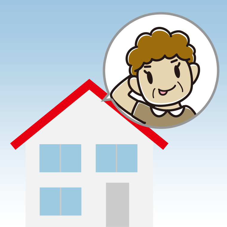 一戸建てでテヘヘなおばさんのイラスト【色、背景あり】PNG