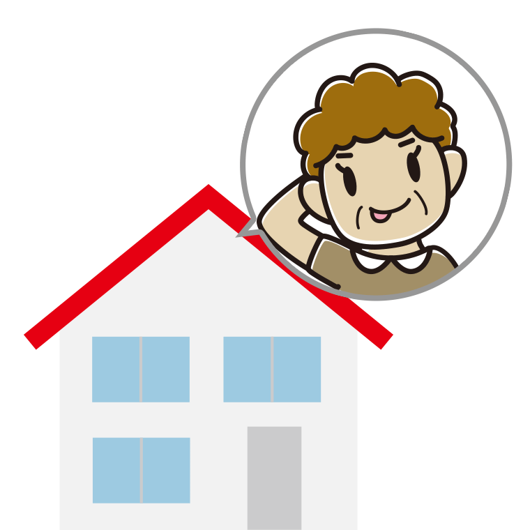 一戸建てでテヘヘなおばさんのイラスト【色あり、背景なし】透過PNG
