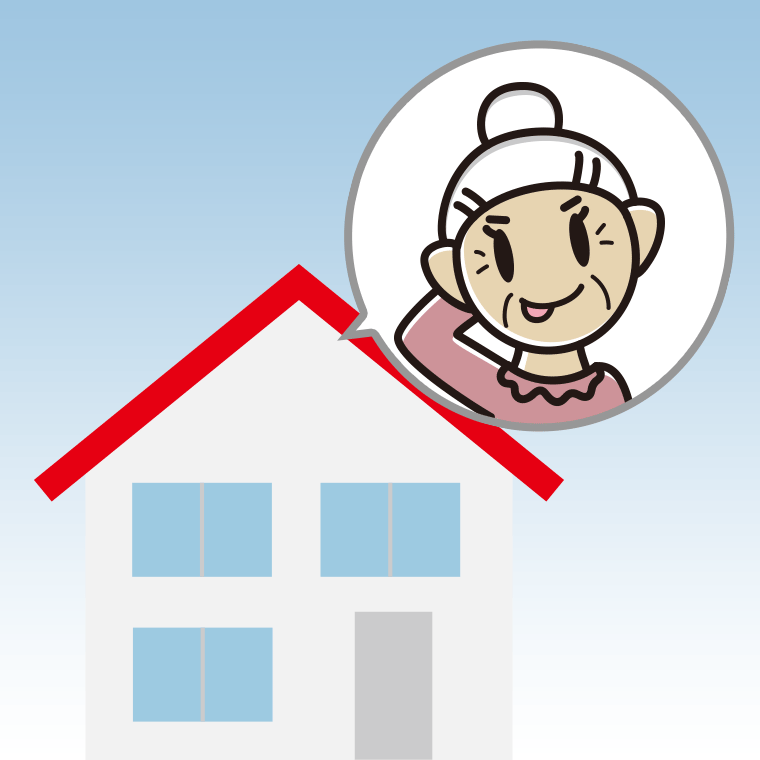 一戸建てでテヘヘなおばあさんのイラスト【色、背景あり】PNG