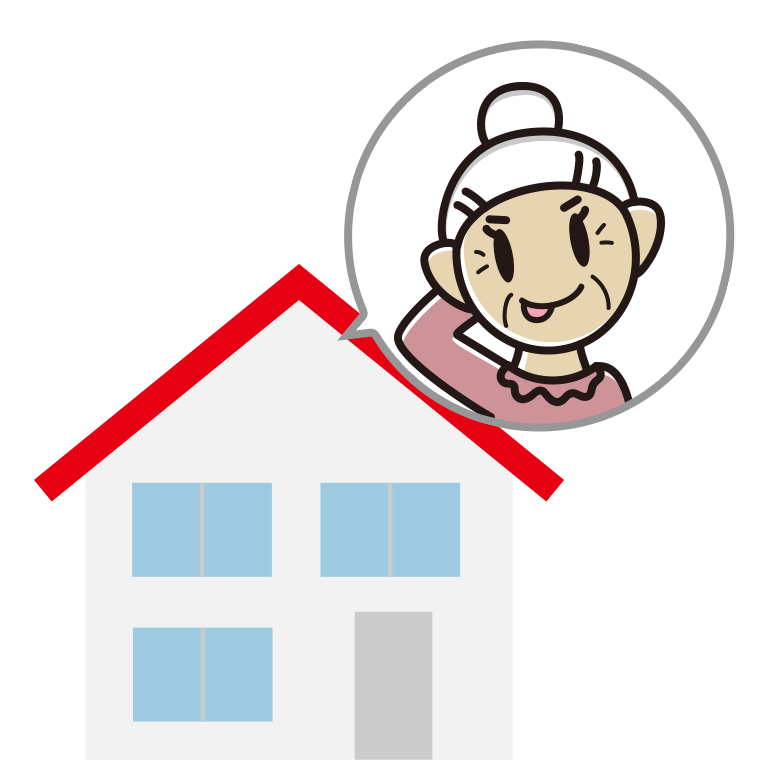 一戸建てでテヘヘなおばあさんのイラスト【色あり、背景なし】透過PNG