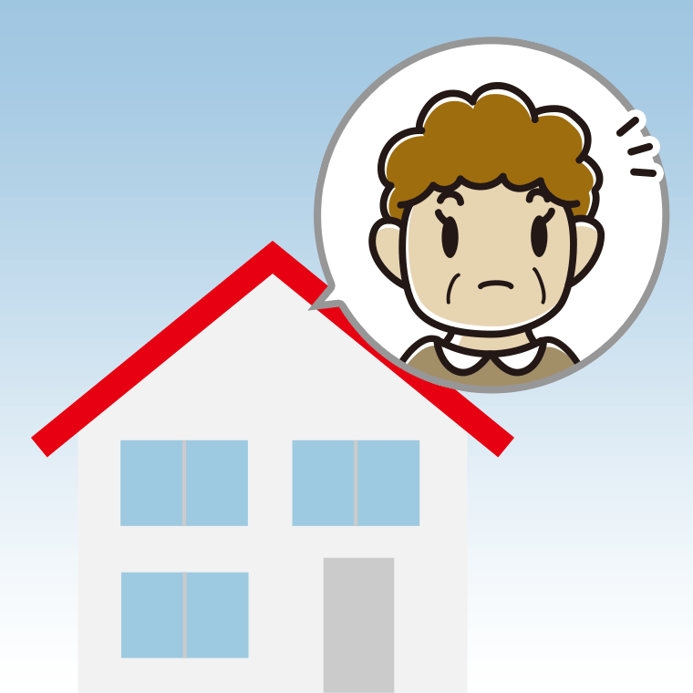 一戸建てで何かに気付くおばさんのイラスト【色、背景あり】PNG