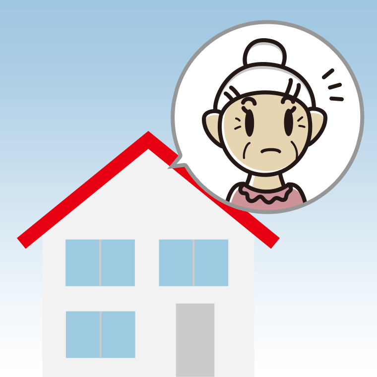 一戸建てで何かに気付くおばあさんのイラスト【色、背景あり】PNG