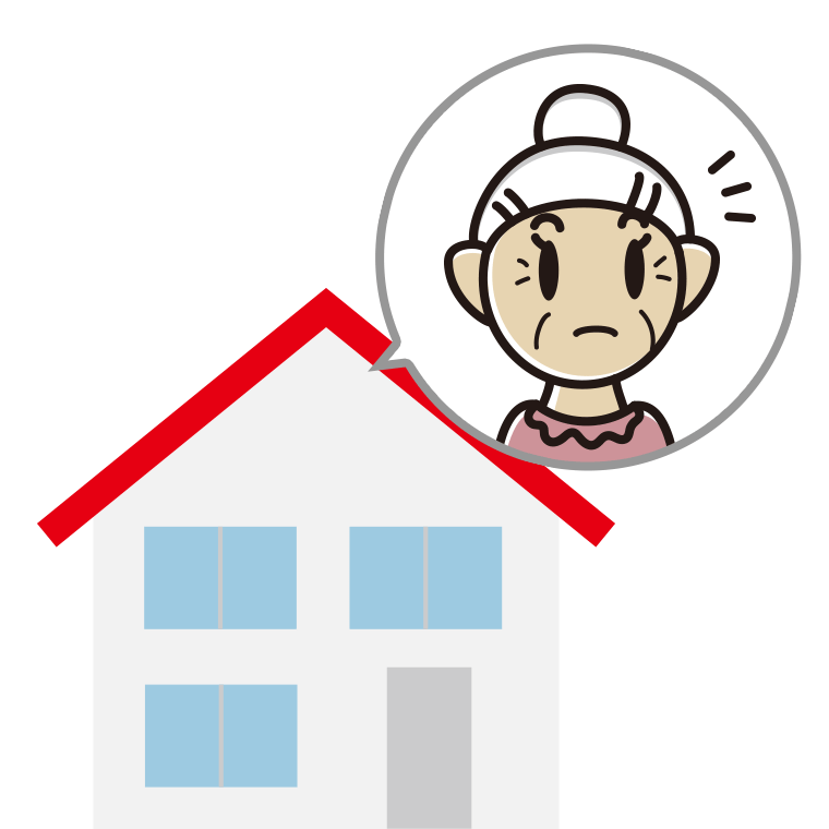 一戸建てで何かに気付くおばあさんのイラスト【色あり、背景なし】透過PNG