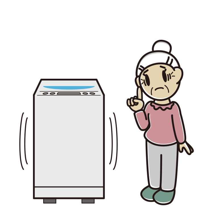 縦型洗濯機で困るおばあさんのイラスト【色あり、背景なし】透過PNG