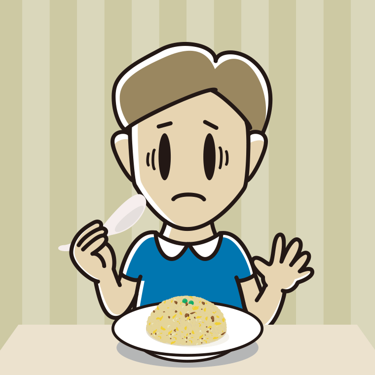 チャーハンで困る男性のイラスト【色、背景あり】PNG