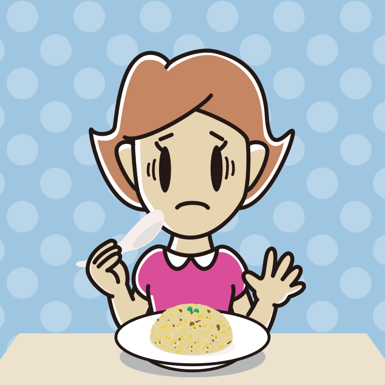 チャーハンで困る女性のイラスト【色、背景あり】PNG