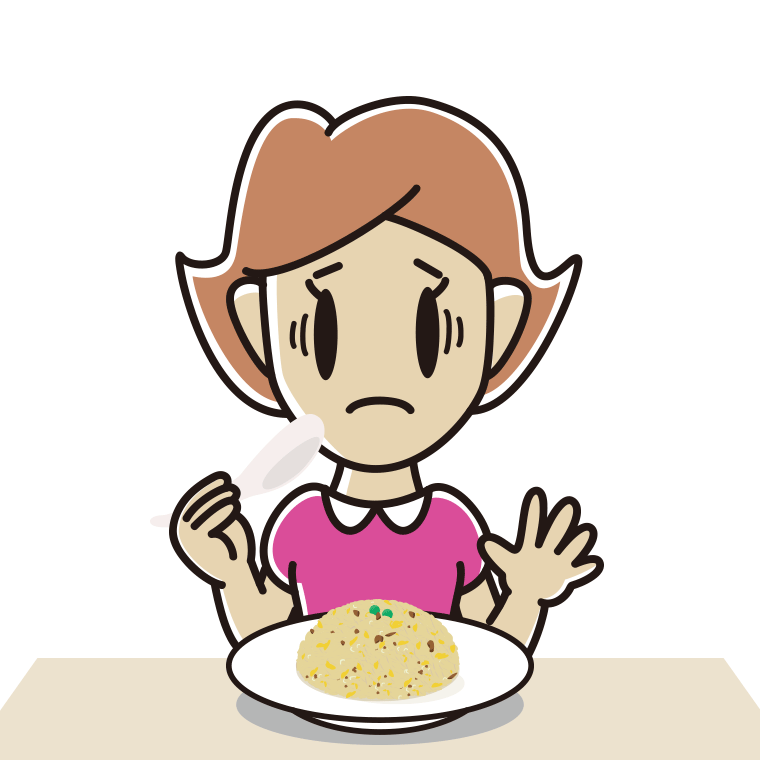 チャーハンで困る女性のイラスト【色あり、背景なし】透過PNG