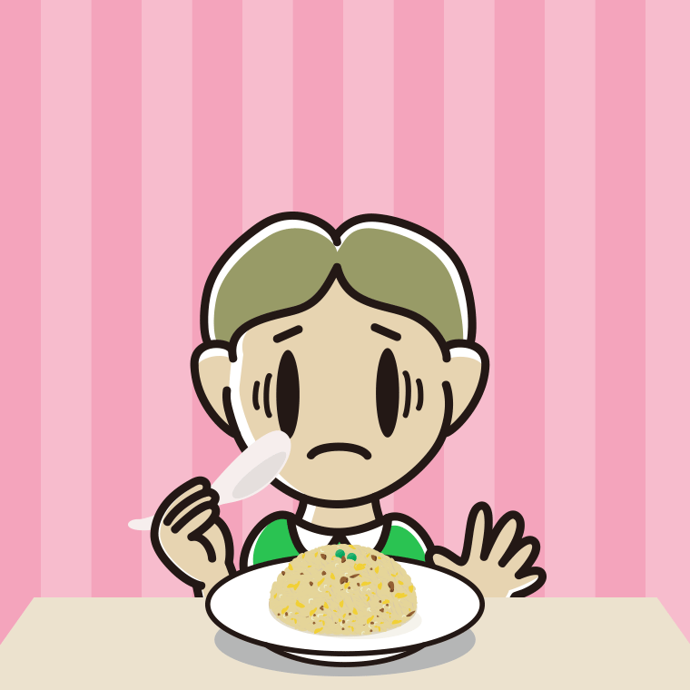 チャーハンで困る小学生男子のイラスト【色、背景あり】PNG