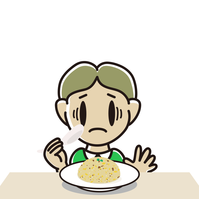 チャーハンで困る小学生男子のイラスト【色あり、背景なし】透過PNG