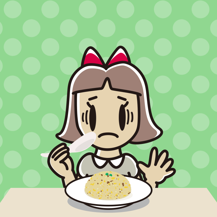 チャーハンで困る小学生女子のイラスト【色、背景あり】PNG