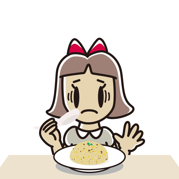 チャーハンで困る小学生女子のイラスト【色あり、背景なし】透過PNG