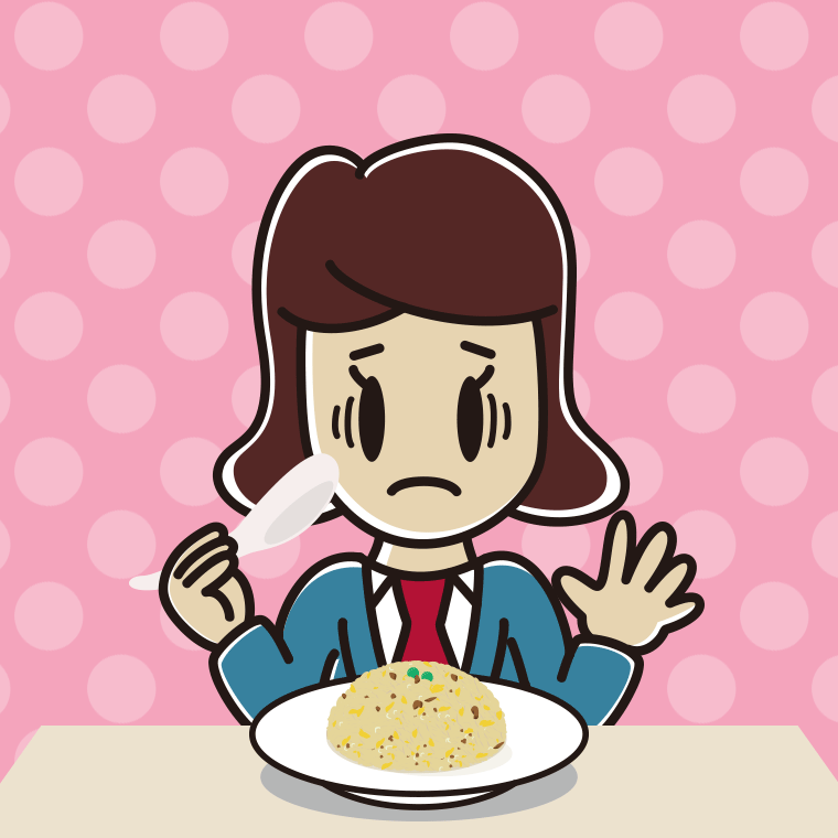 チャーハンで困る女子高校生のイラスト【色、背景あり】PNG