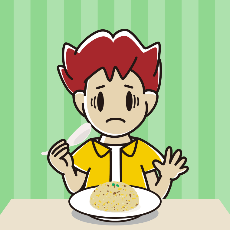 チャーハンで困る男子大学生のイラスト【色、背景あり】PNG