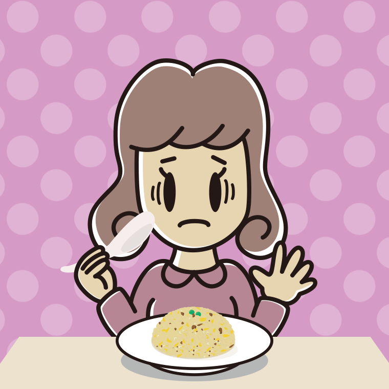 チャーハンで困る女子大学生のイラスト【色、背景あり】PNG