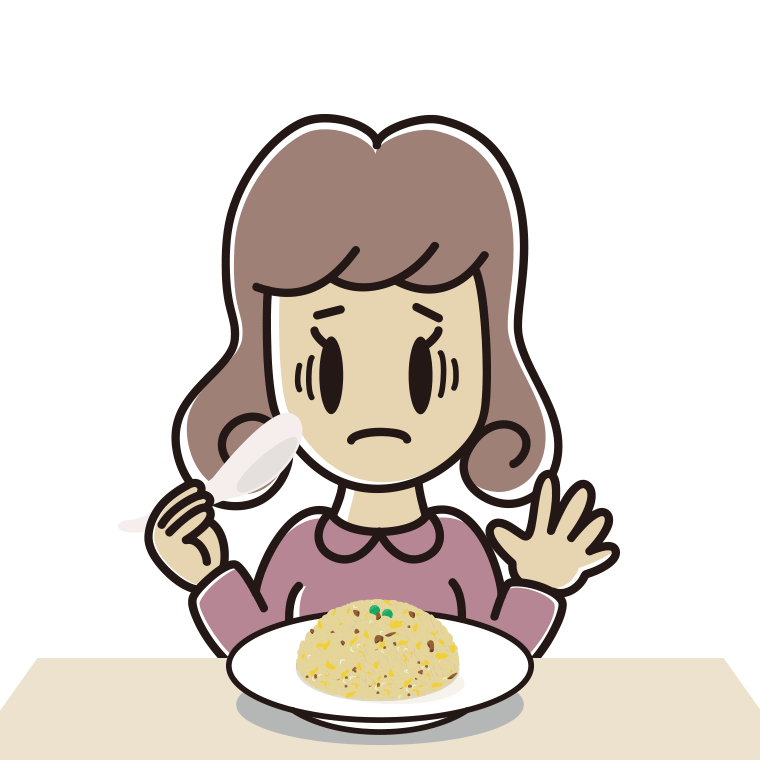 チャーハンで困る女子大学生のイラスト【色あり、背景なし】透過PNG