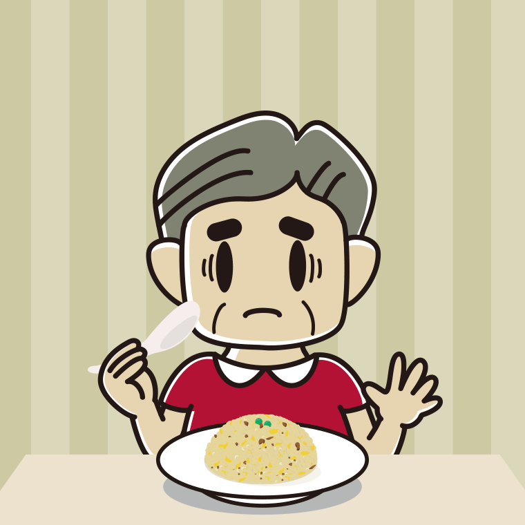 チャーハンで困るおじさんのイラスト【色、背景あり】PNG