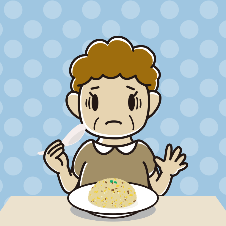 チャーハンで困るおばさんのイラスト【色、背景あり】PNG