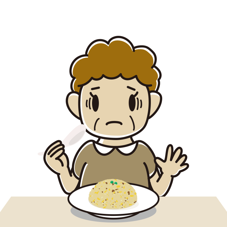 チャーハンで困るおばさんのイラスト【色あり、背景なし】透過PNG