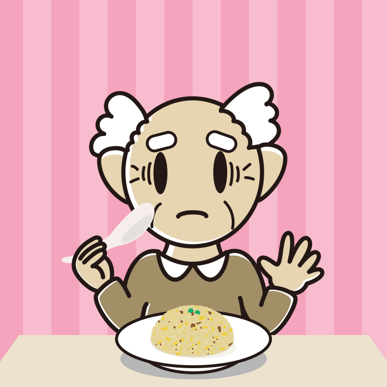 チャーハンで困るおじいさんのイラスト【色、背景あり】PNG