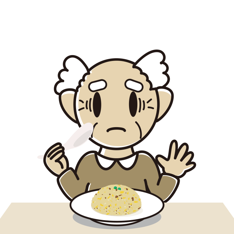 チャーハンで困るおじいさんのイラスト【色あり、背景なし】透過PNG