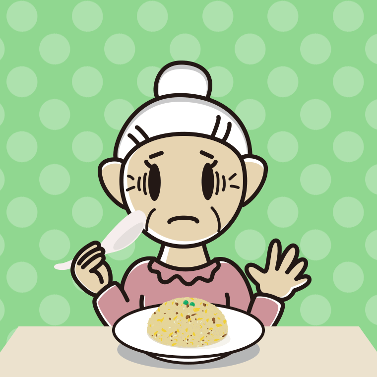 チャーハンで困るおばあさんのイラスト【色、背景あり】PNG