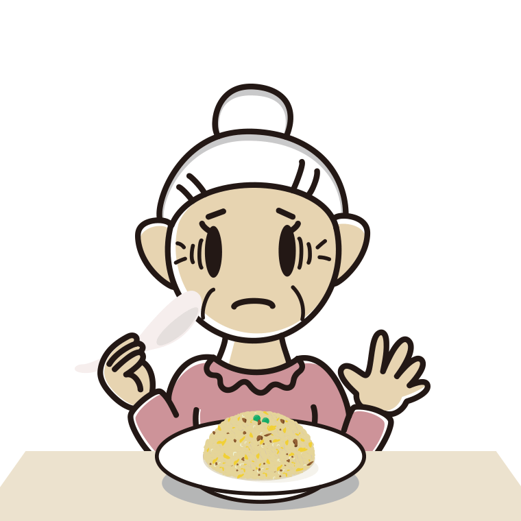 チャーハンで困るおばあさんのイラスト【色あり、背景なし】透過PNG