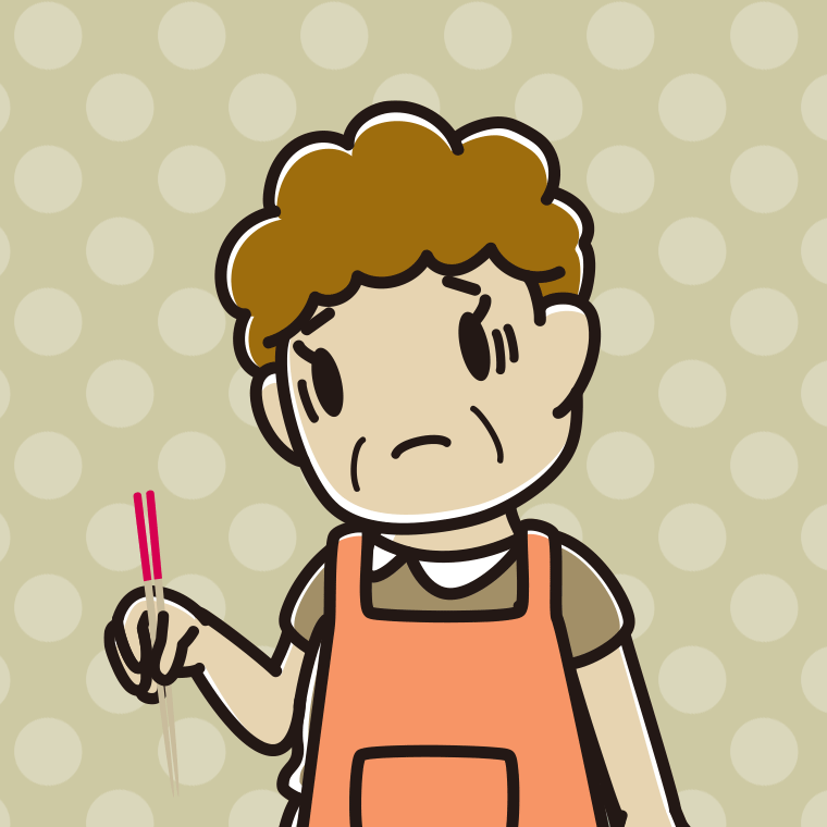 菜箸で困るおばさんのイラスト【色、背景あり】PNG