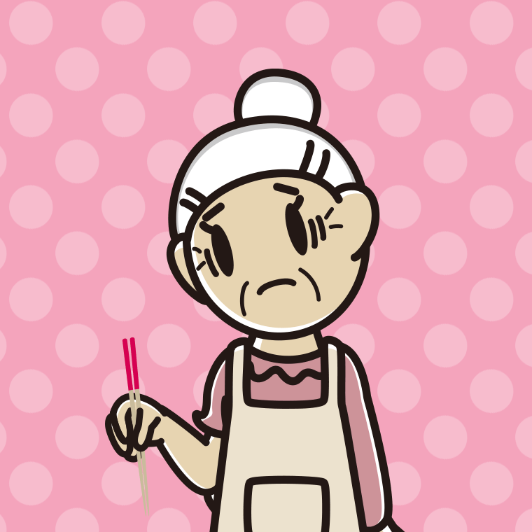 菜箸で困るおばあさんのイラスト【色、背景あり】PNG