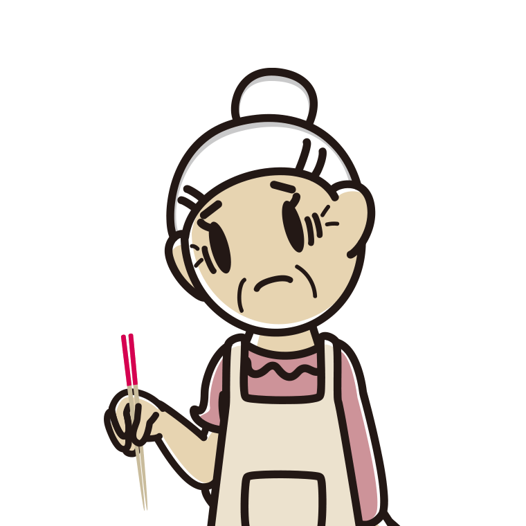 菜箸で困るおばあさんのイラスト【色あり、背景なし】透過PNG