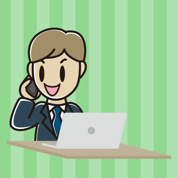 スマホで電話しながらパソコンを使う男性会社員のイラスト【色、背景あり】PNG