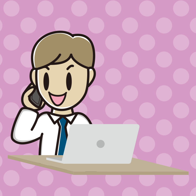 スマホで電話しながらパソコンを使う男性会社員（ワイシャツ）のイラスト【色、背景あり】PNG