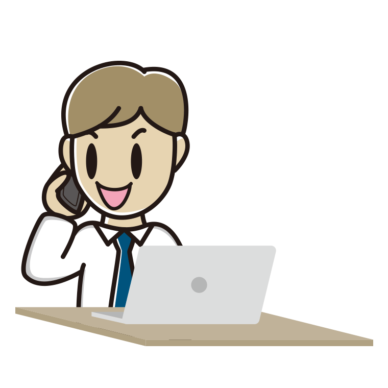 スマホで電話しながらパソコンを使う男性会社員（ワイシャツ）のイラスト【色あり、背景なし】透過PNG