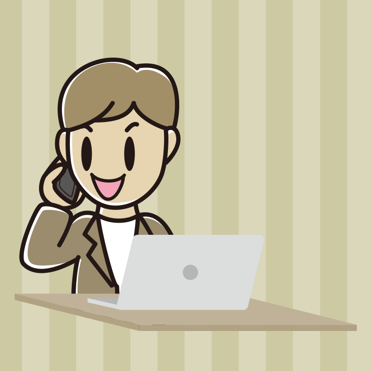 スマホで電話しながらパソコンを使う男性会社員（カジュアル）のイラスト【色、背景あり】PNG