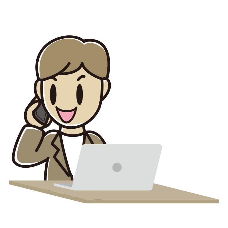 スマホで電話しながらパソコンを使う男性会社員（カジュアル）のイラスト【色あり、背景なし】透過PNG
