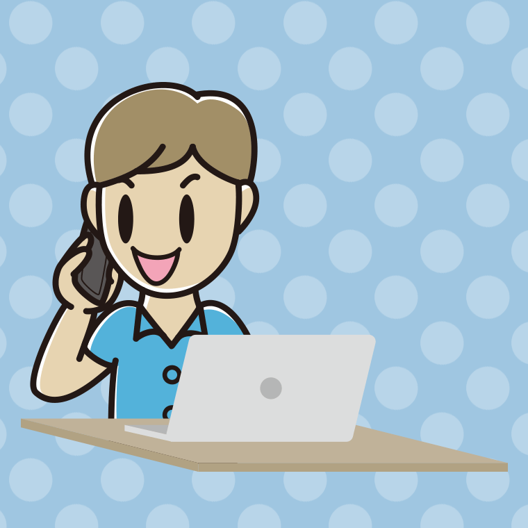 スマホで電話しながらパソコンを使う男性会社員（クールビズ）のイラスト【色、背景あり】PNG