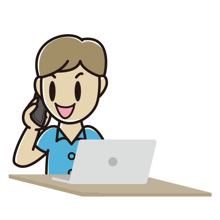 スマホで電話しながらパソコンを使う男性会社員（クールビズ）のイラスト【色あり、背景なし】透過PNG