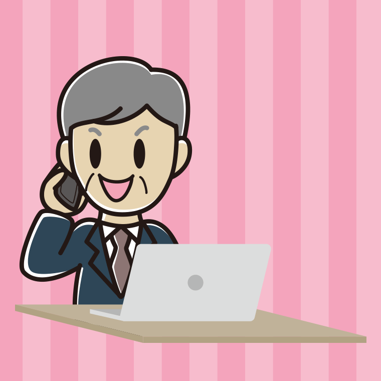 スマホで電話しながらパソコンを使う年配男性会社員のイラスト【色、背景あり】PNG