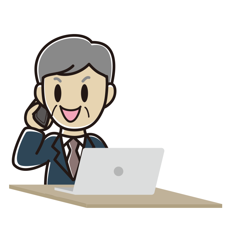 スマホで電話しながらパソコンを使う年配男性会社員のイラスト【色あり、背景なし】透過PNG