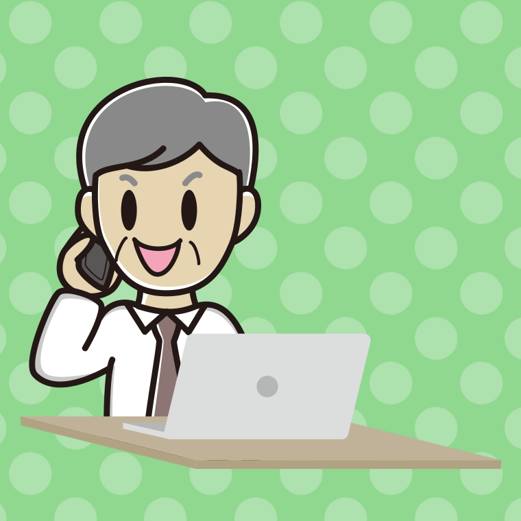 スマホで電話しながらパソコンを使う年配男性会社員（ワイシャツ）のイラスト【色、背景あり】PNG