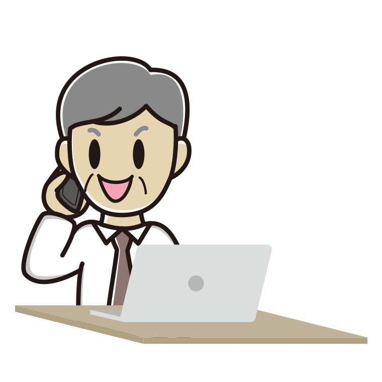 スマホで電話しながらパソコンを使う年配男性会社員（ワイシャツ）のイラスト【色あり、背景なし】透過PNG