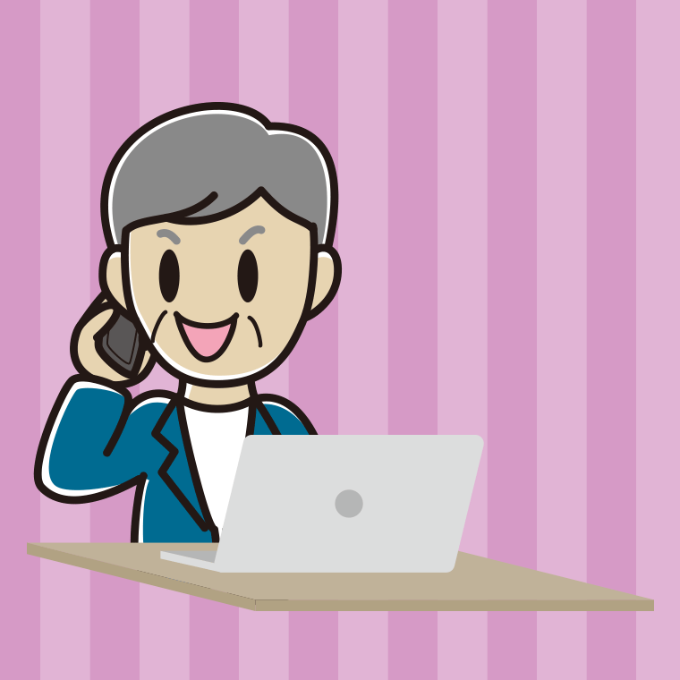スマホで電話しながらパソコンを使う年配男性会社員（カジュアル）のイラスト【色、背景あり】PNG